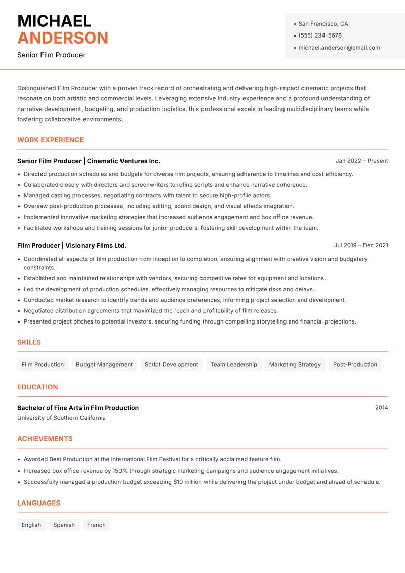 Film Producer resume template — Modern Professional