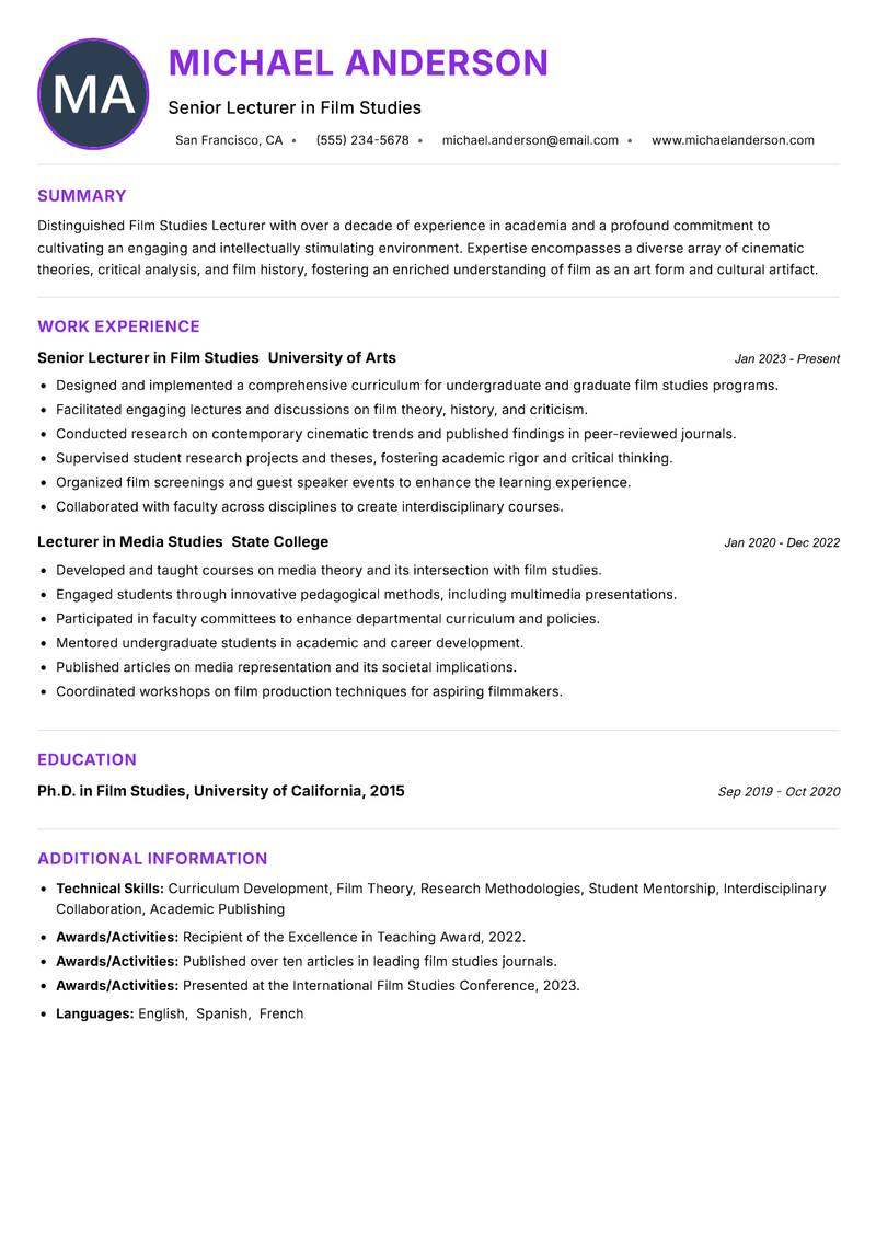 Film Studies Lecturer resume example — ATS-friendly template