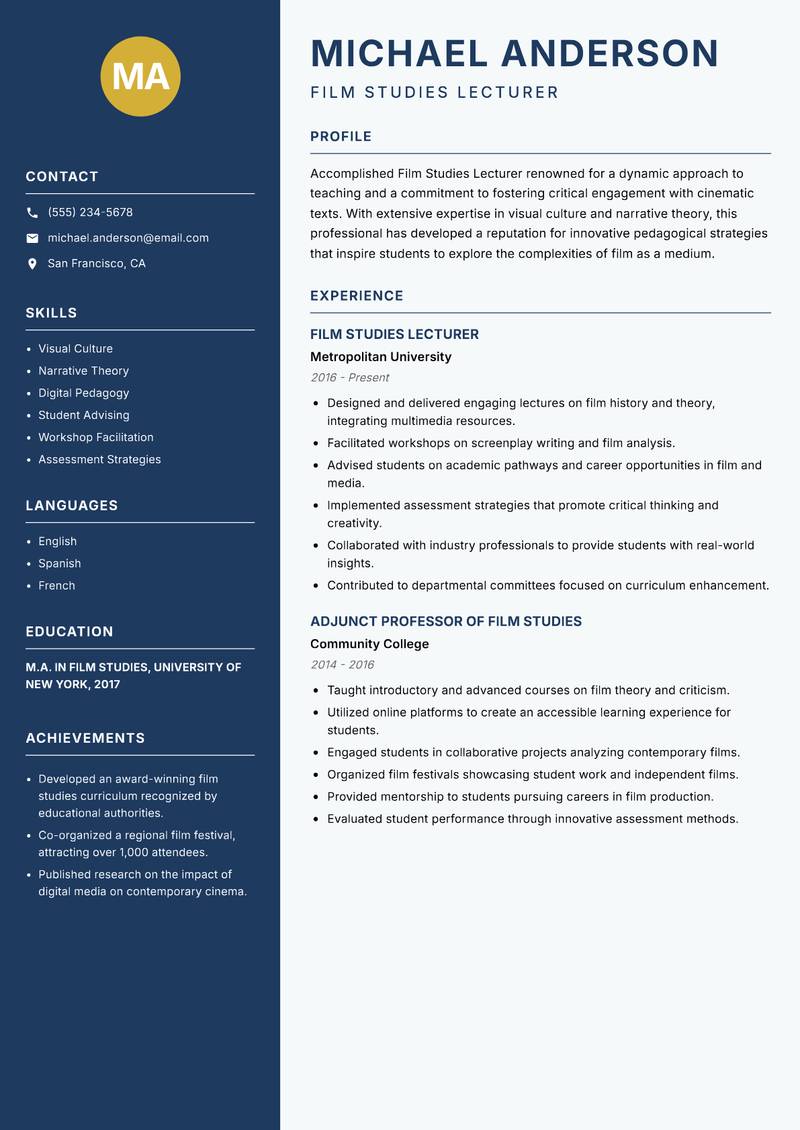 Film Studies Lecturer resume template — Classic Clean