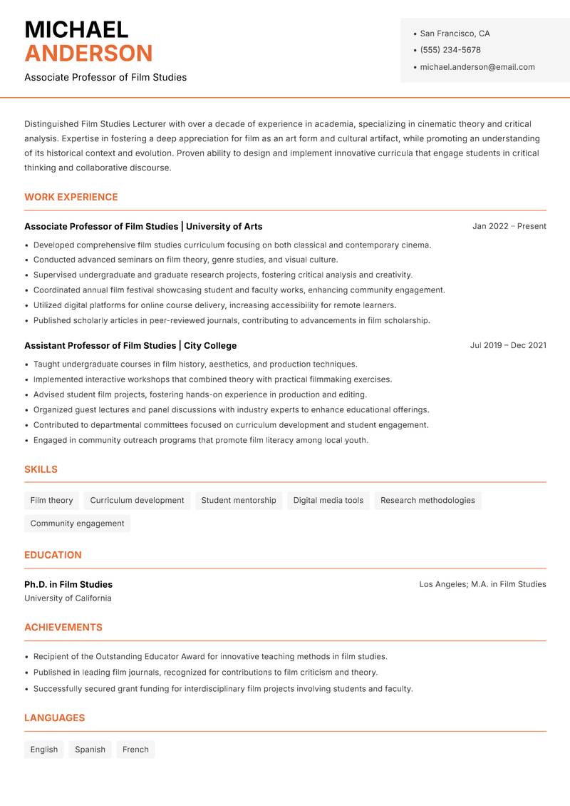 Film Studies Lecturer resume template — Modern Professional
