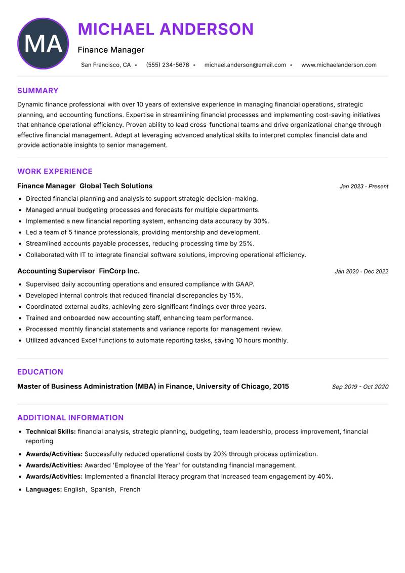 Finance and Accounting Manager resume example — ATS-friendly template
