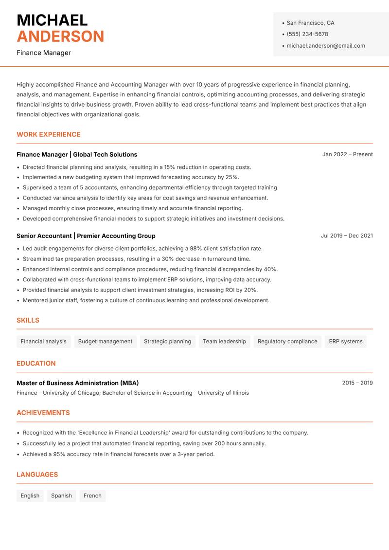 Finance and Accounting Manager resume template — Modern Professional