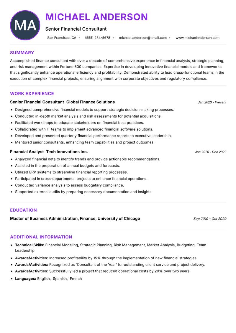 Finance Consultant resume example — ATS-friendly template