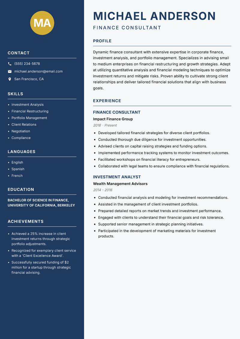 Finance Consultant resume template — Classic Clean