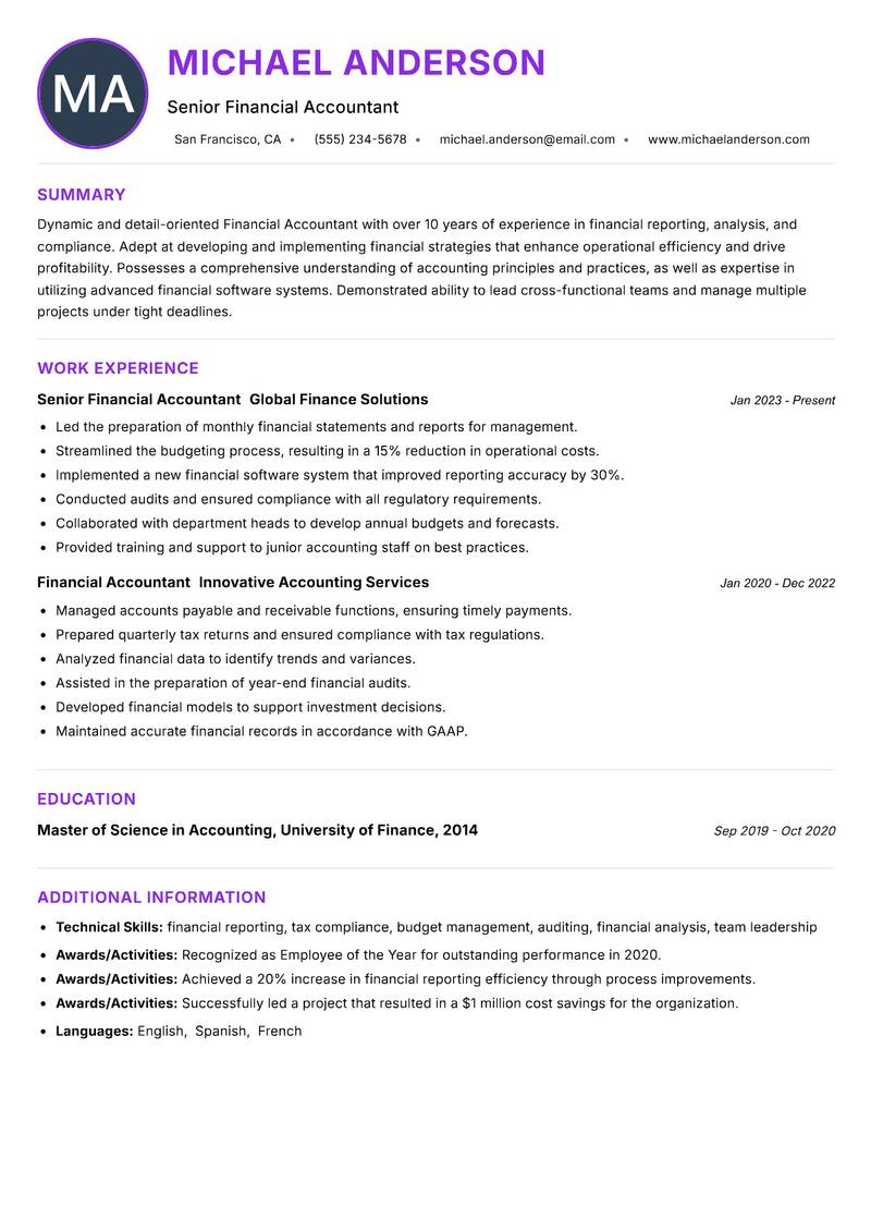 Financial Accountant resume example — ATS-friendly template