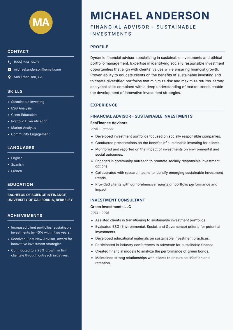 Financial Advisor Investments resume template — Classic Clean