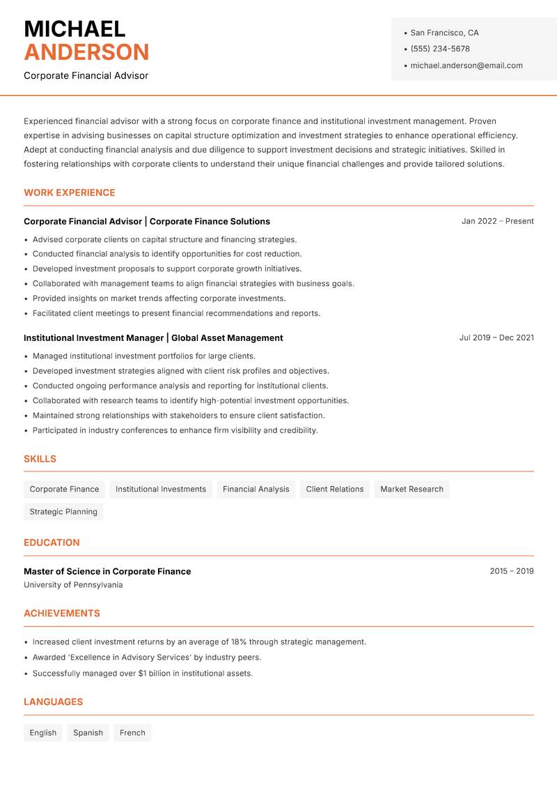 Financial Advisor Investments resume template — Modern Professional
