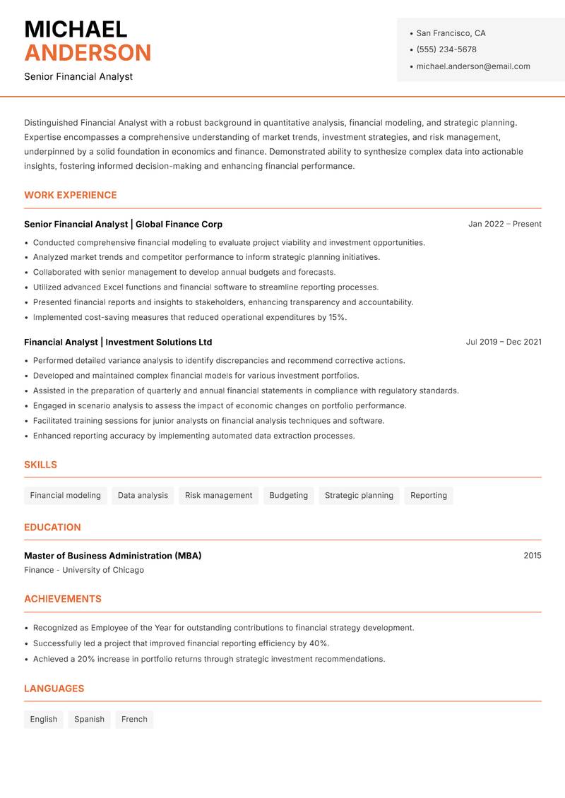 Financial Analyst resume template — Modern Professional