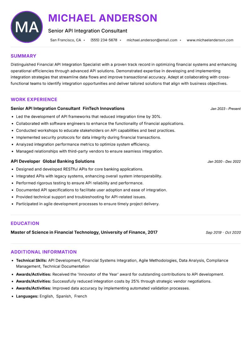 Financial API Integration Specialist resume example — ATS-friendly template