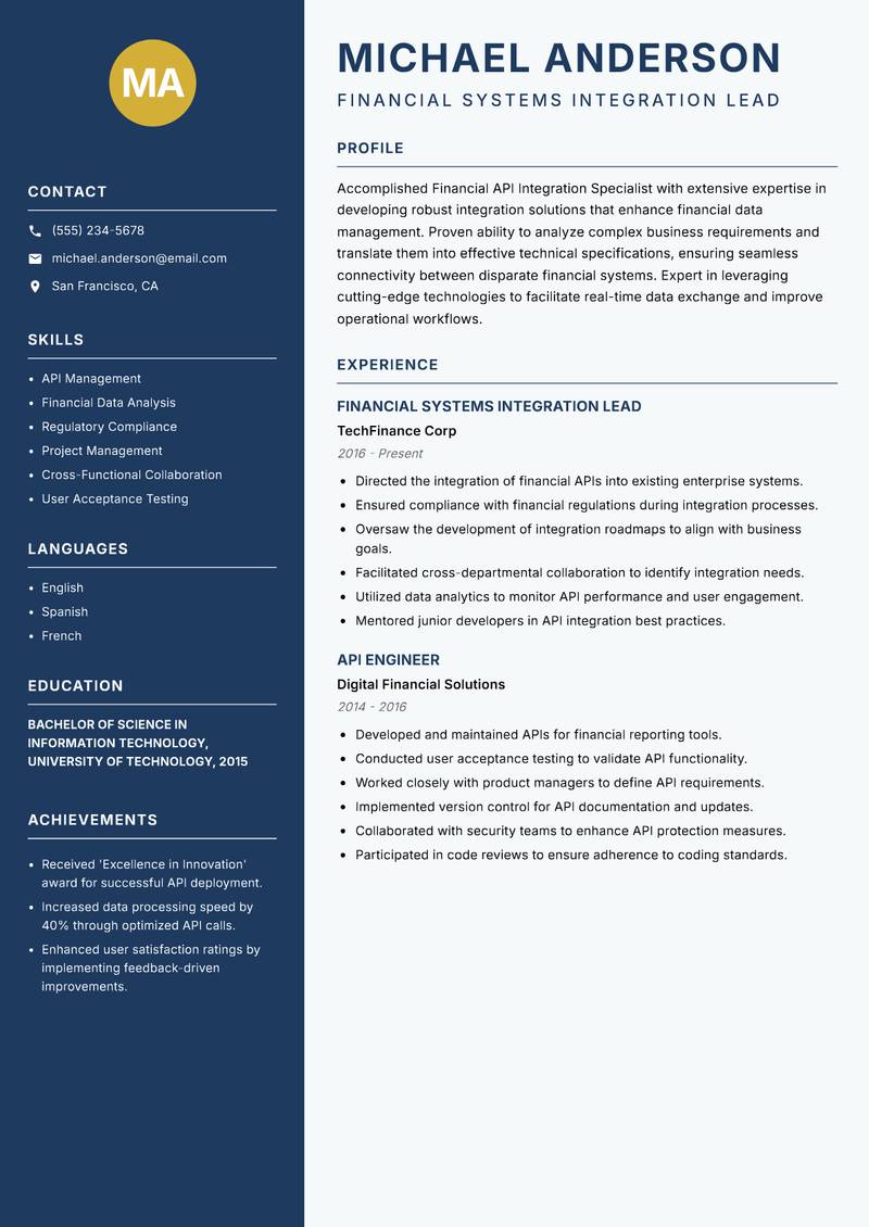 Financial API Integration Specialist resume template — Classic Clean