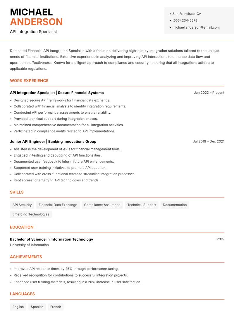 Financial API Integration Specialist resume template — Modern Professional