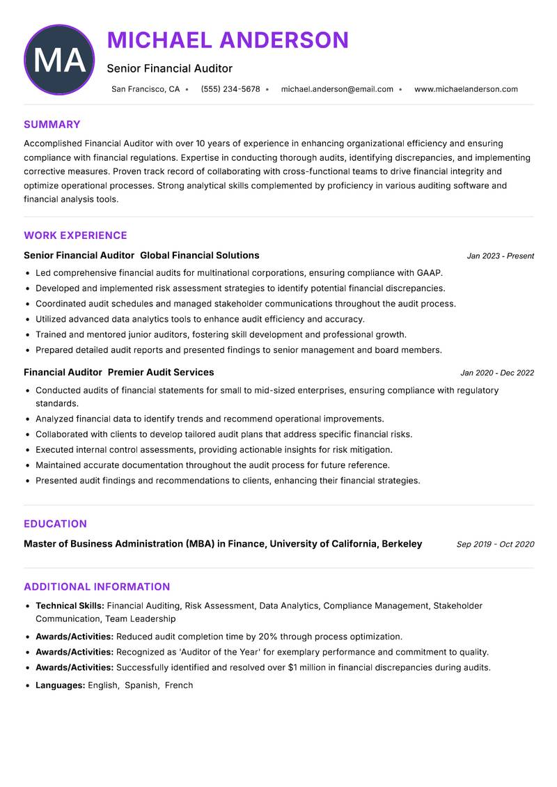 Financial Auditor resume example — ATS-friendly template