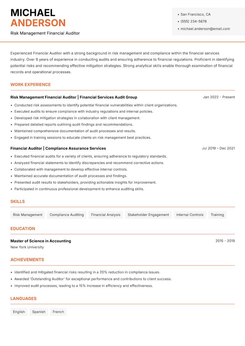 Financial Auditor resume template — Modern Professional
