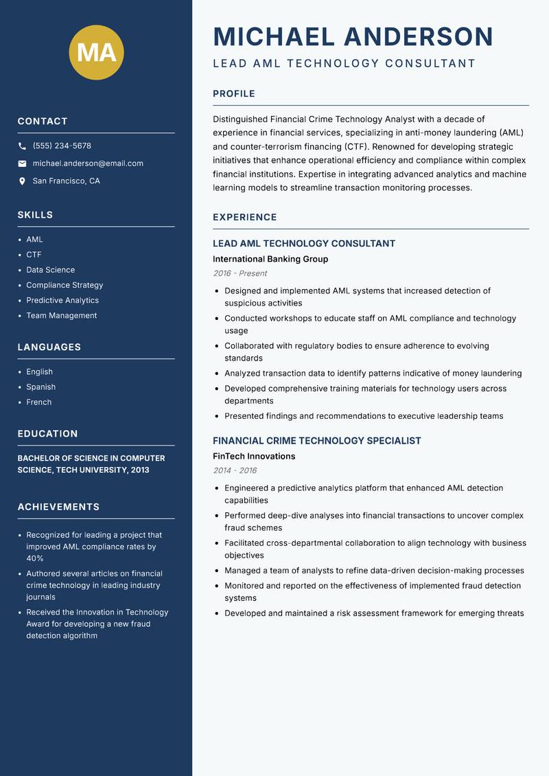 Financial Crime Technology Analyst resume template — Classic Clean