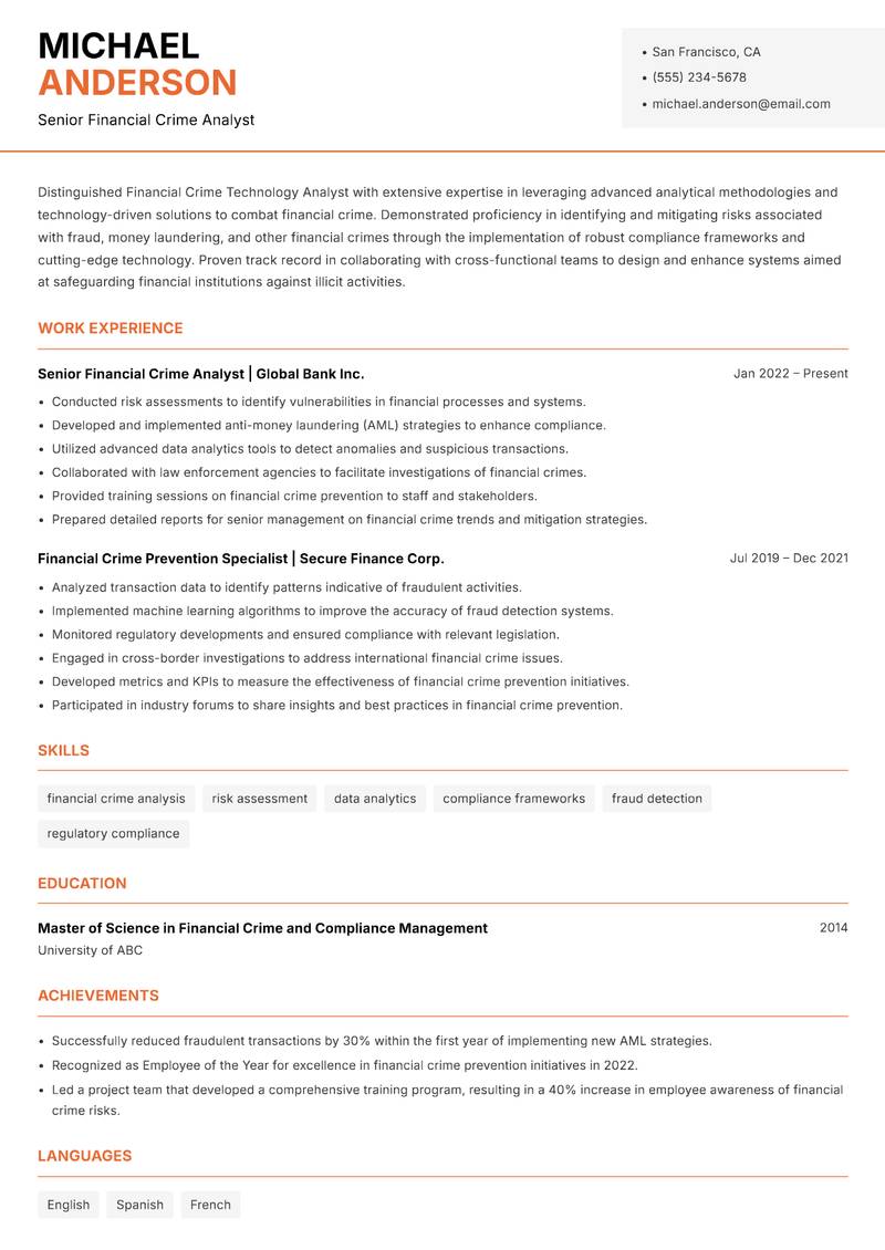 Financial Crime Technology Analyst resume template — Modern Professional