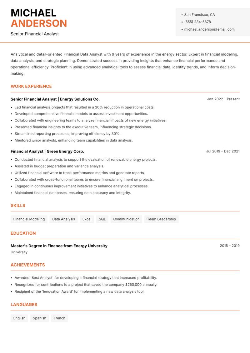 Financial Data Analyst resume template — Modern Professional