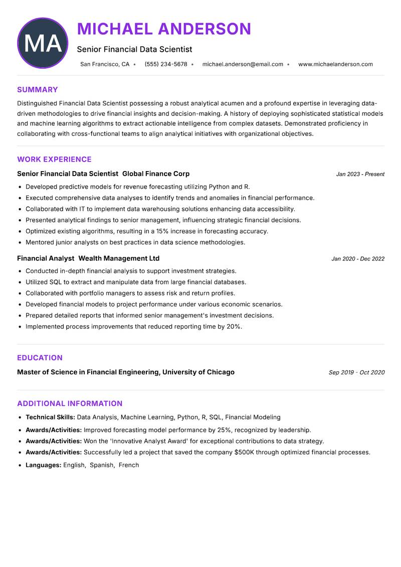Financial Data Scientist resume example — ATS-friendly template