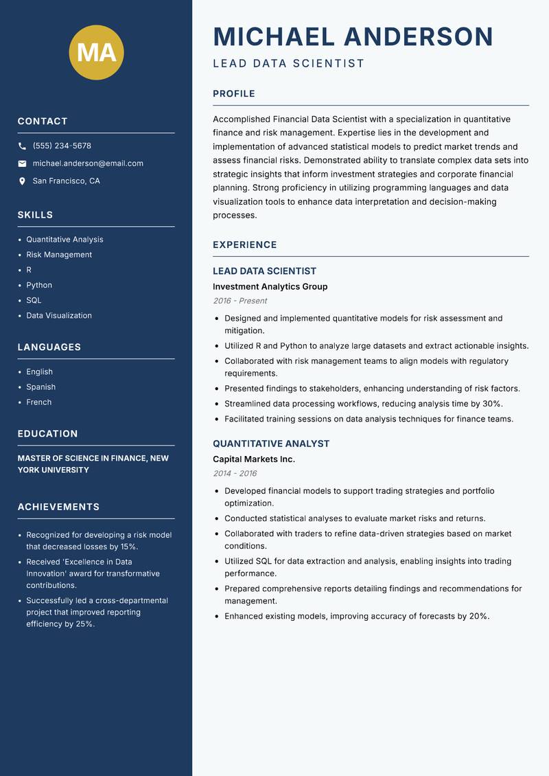 Financial Data Scientist resume template — Classic Clean