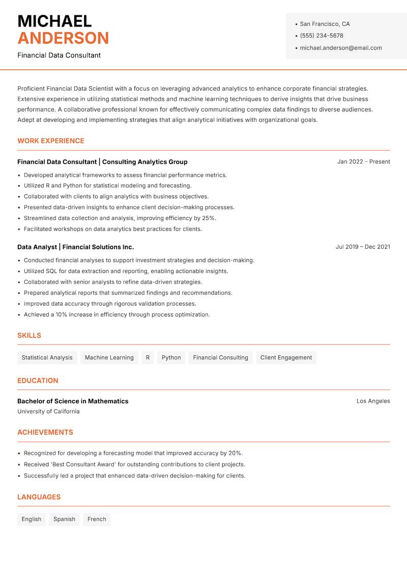 Financial Data Scientist resume template — Modern Professional