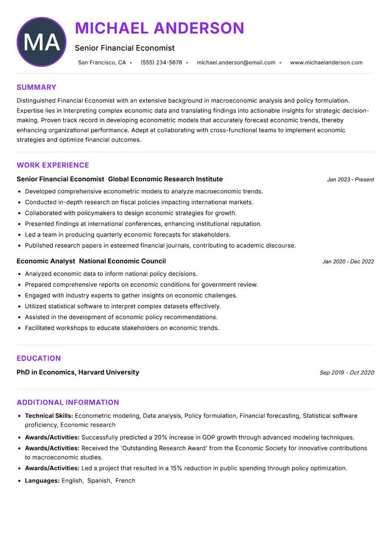 Financial Economist resume example — ATS-friendly template