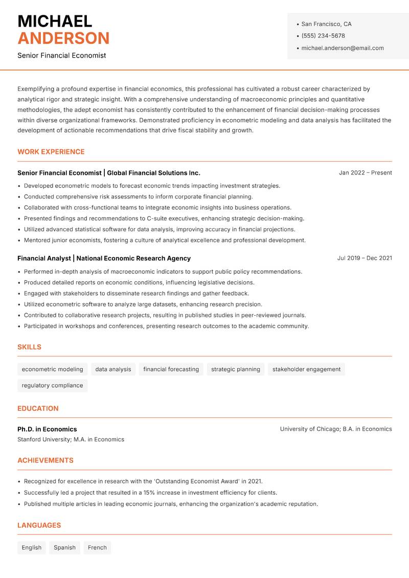 Financial Economist resume template — Modern Professional