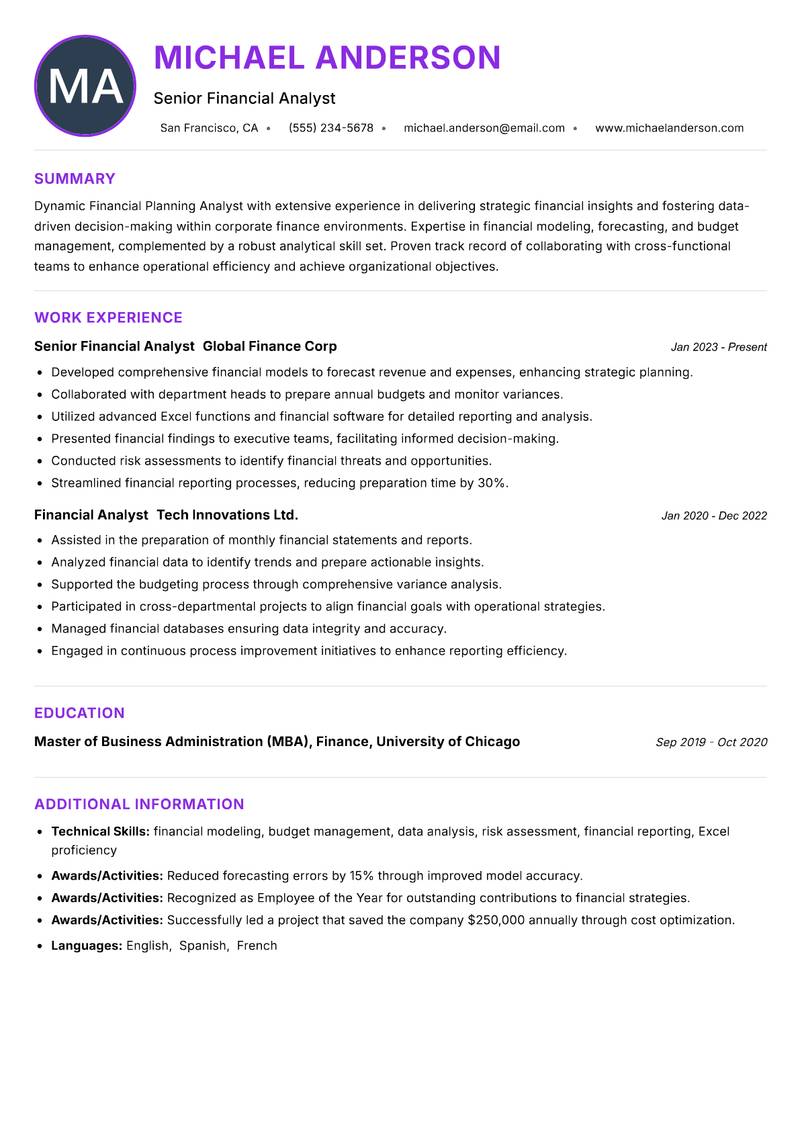 Financial Planning Analyst resume example — ATS-friendly template
