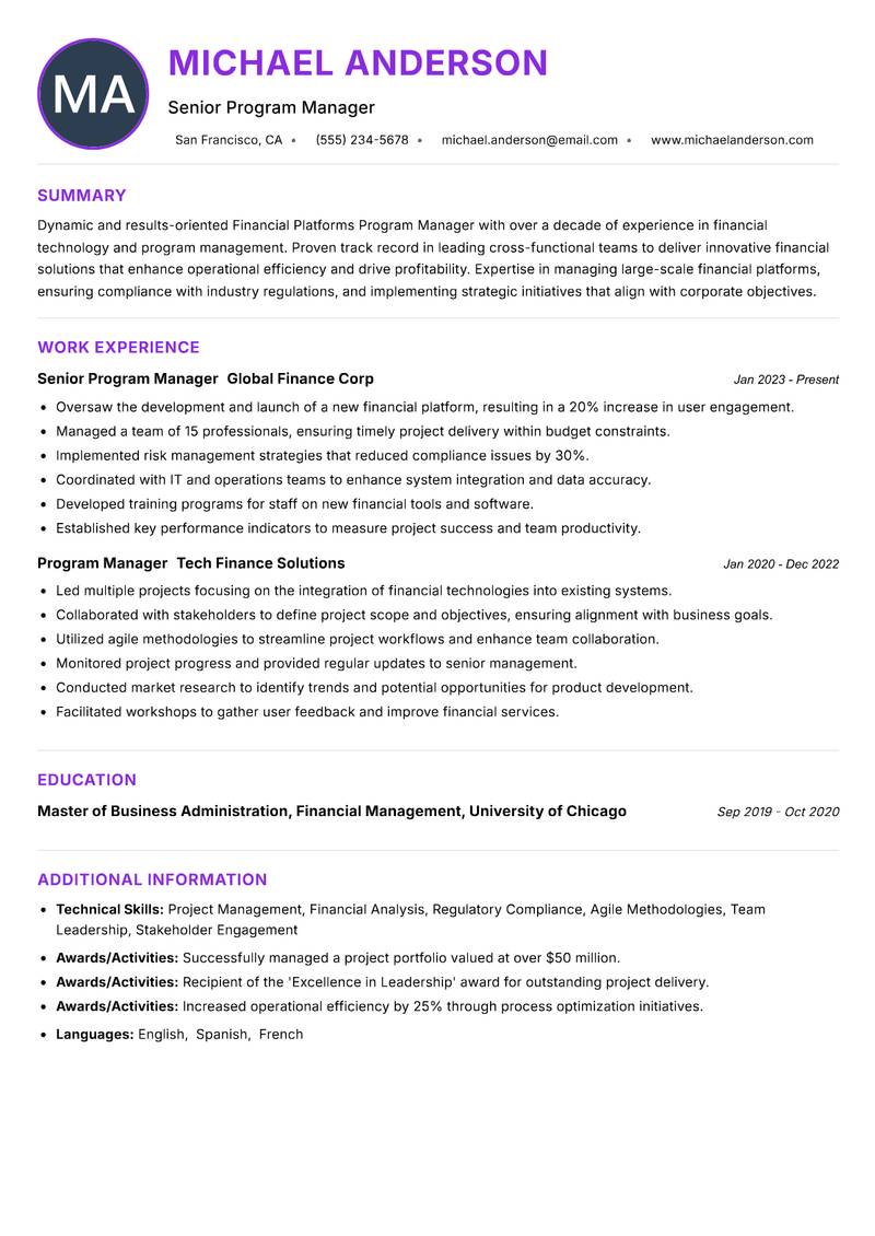 Financial Platforms Program Manager resume example — ATS-friendly template