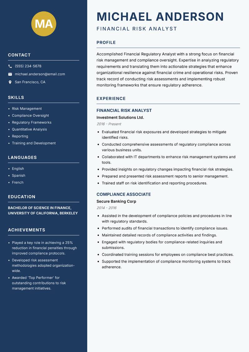 Financial Regulatory Analyst resume template — Classic Clean
