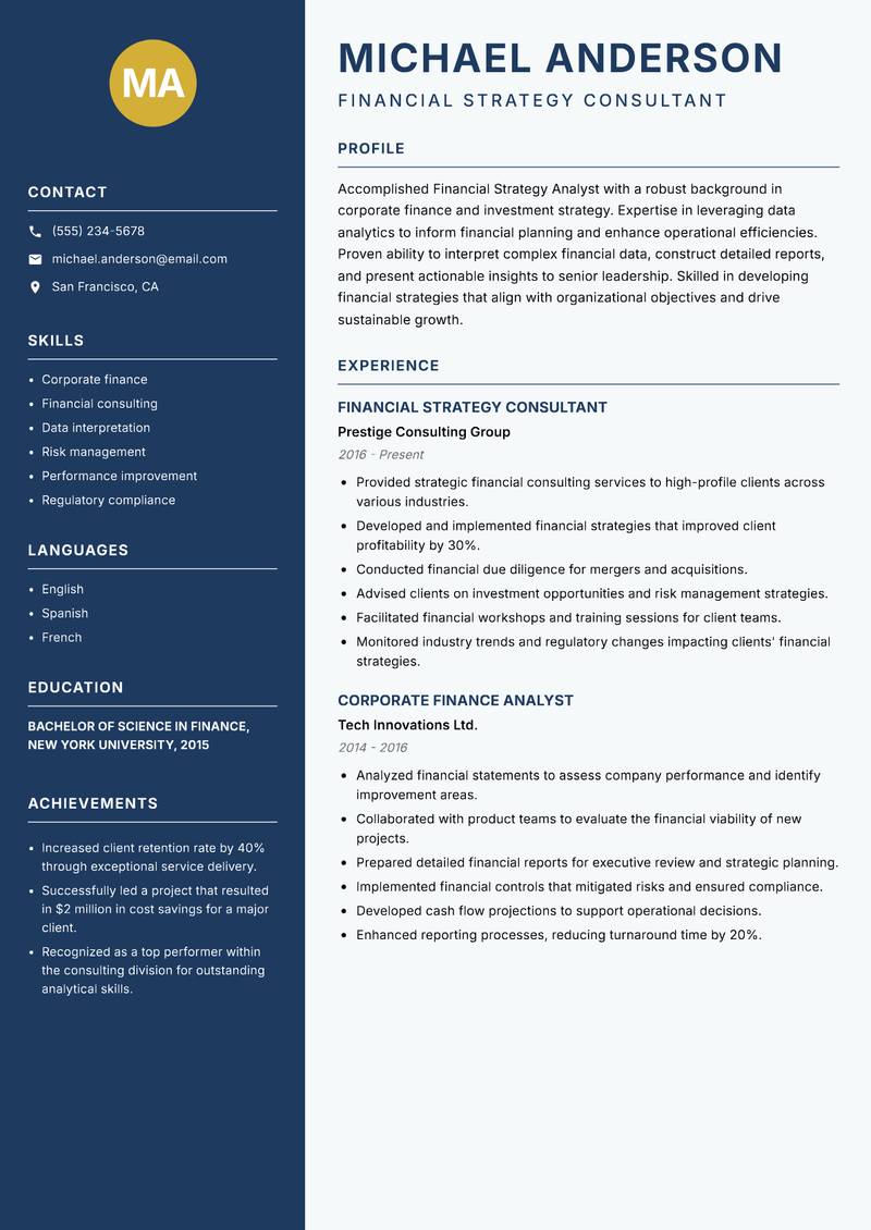 Financial Strategy Analyst resume template — Classic Clean