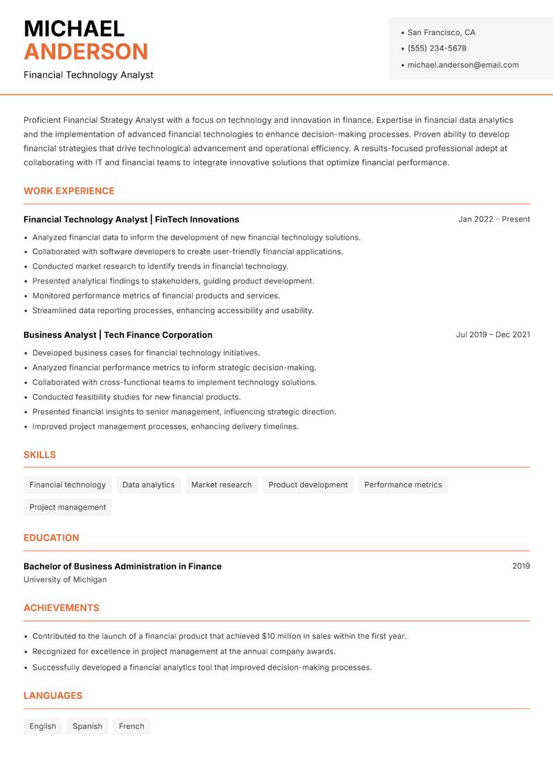 Financial Strategy Analyst resume template — Modern Professional