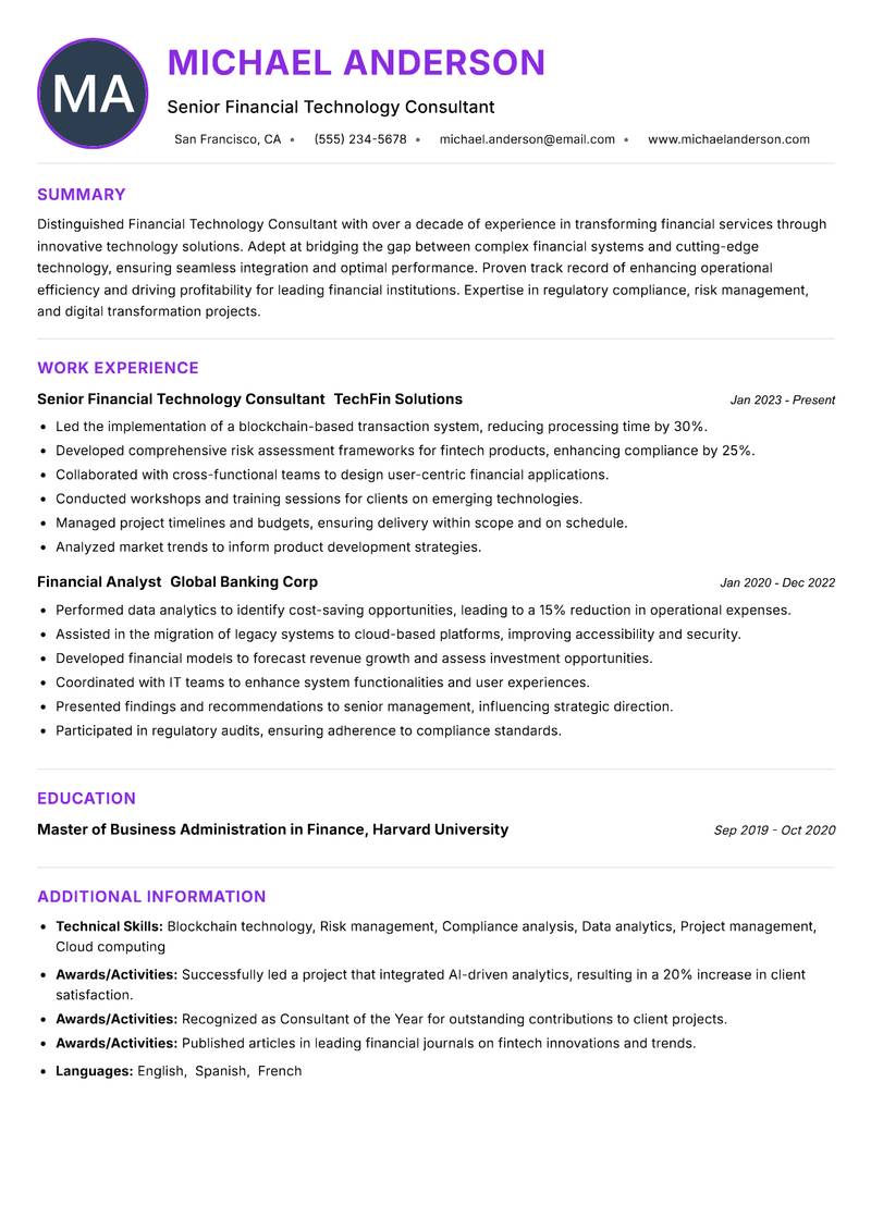 Financial Technology Consultant resume example — ATS-friendly template