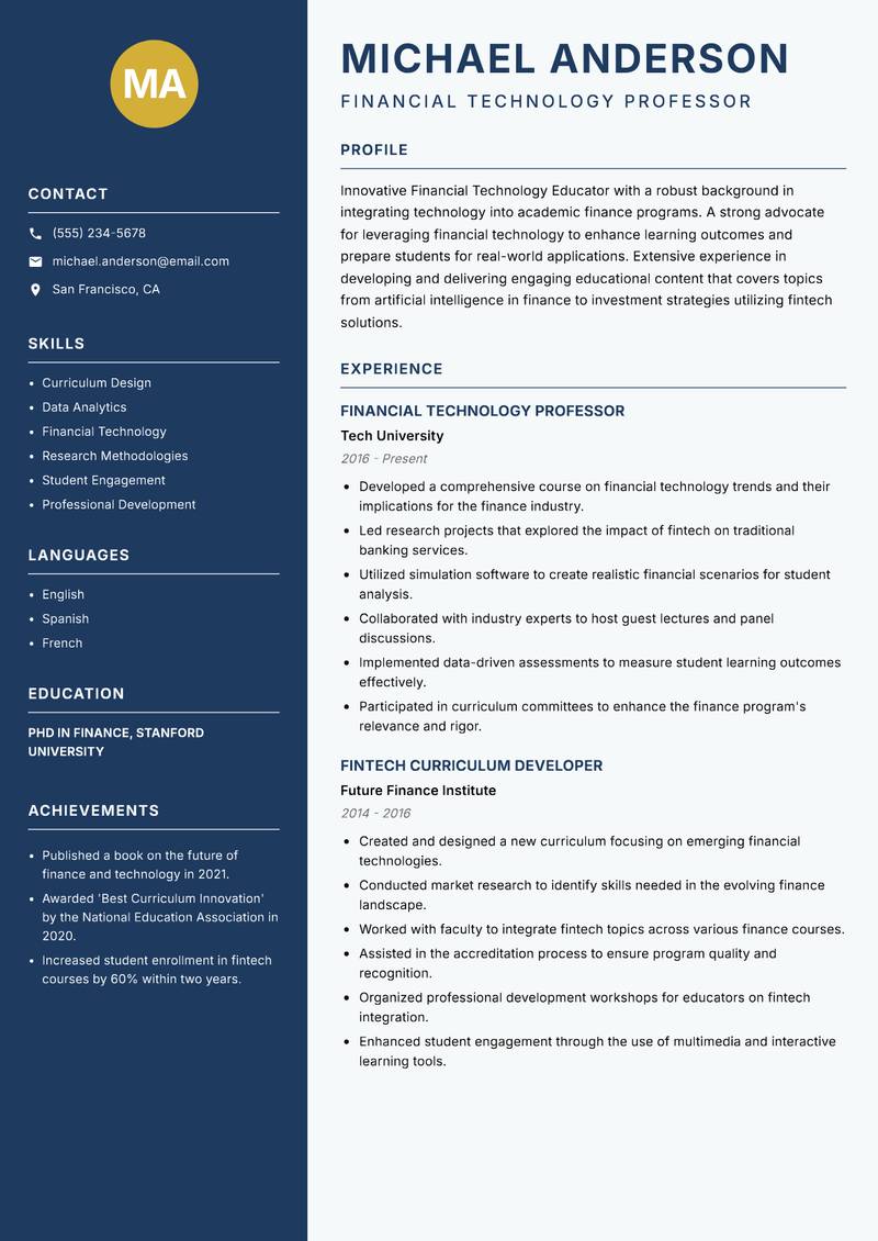 Financial Technology Educator resume template — Classic Clean