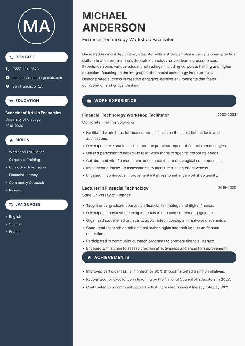 Financial Technology Educator resume template — Compact