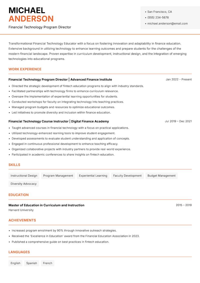 Financial Technology Educator resume template — Modern Professional