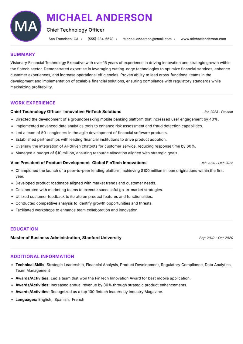Financial Technology Executive resume example — ATS-friendly template