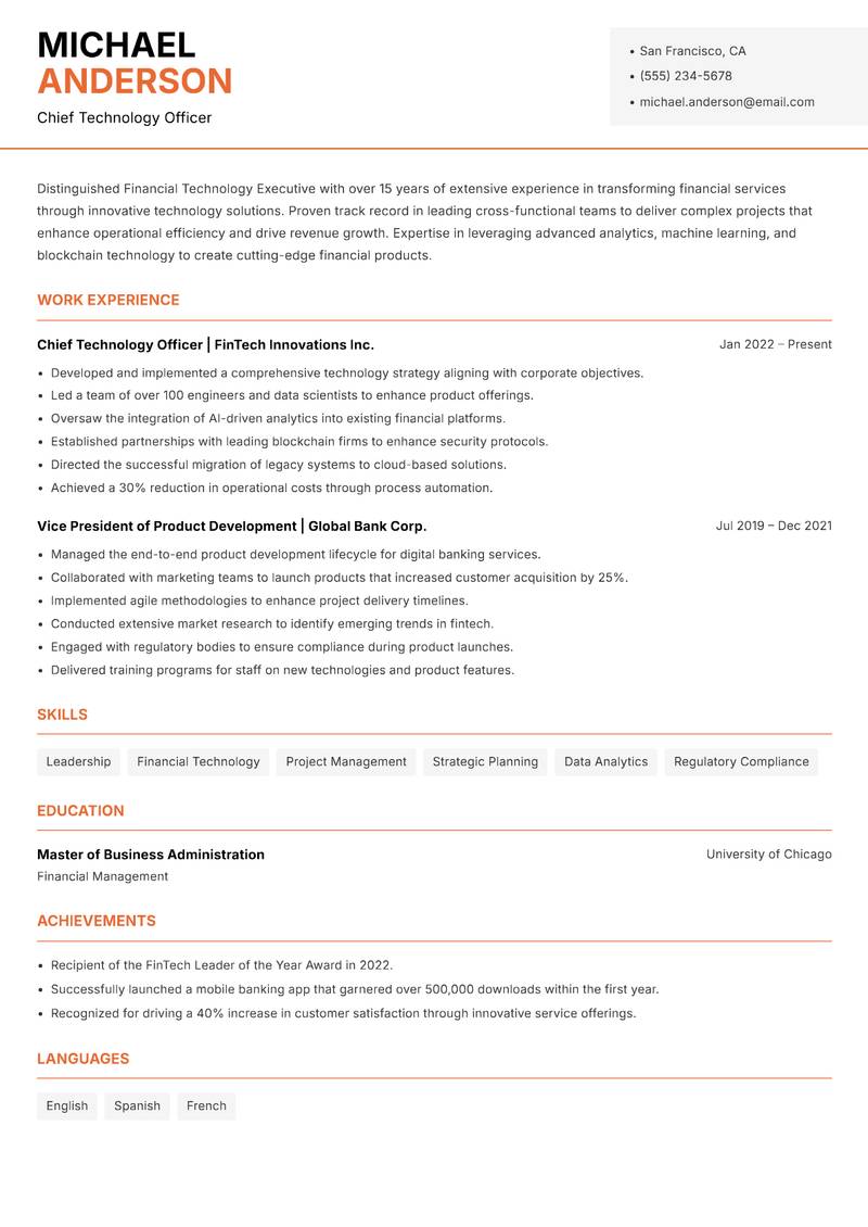 Financial Technology Executive resume template — Modern Professional