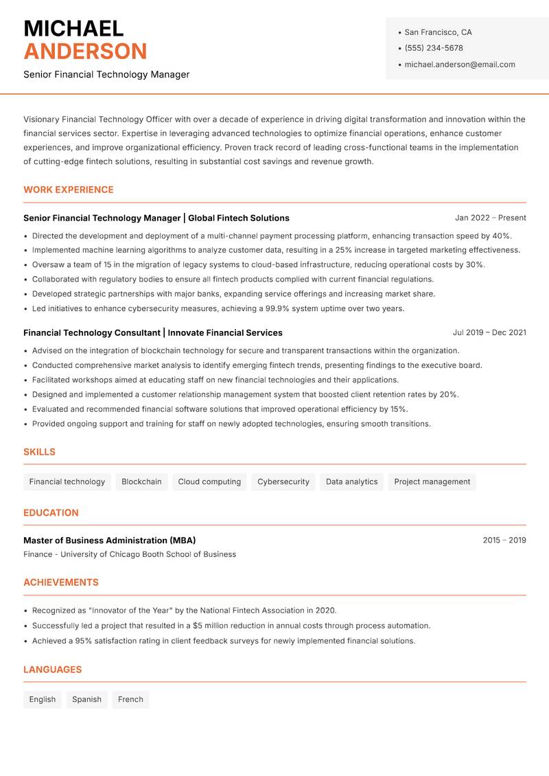 Financial Technology Officer resume template — Modern Professional
