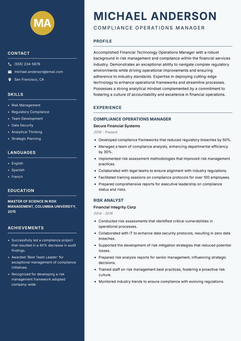 Financial Technology Operations Manager resume template — Classic Clean