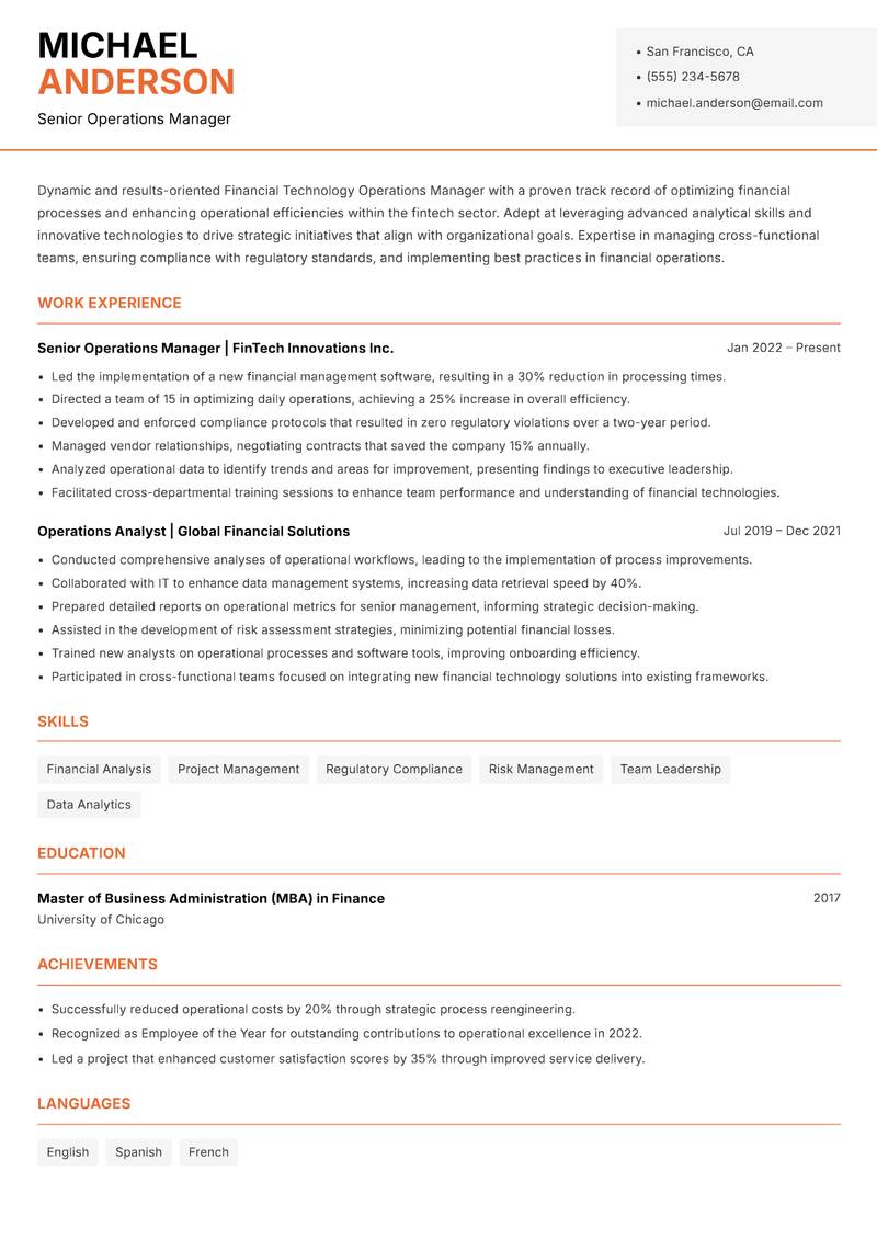Financial Technology Operations Manager resume template — Modern Professional
