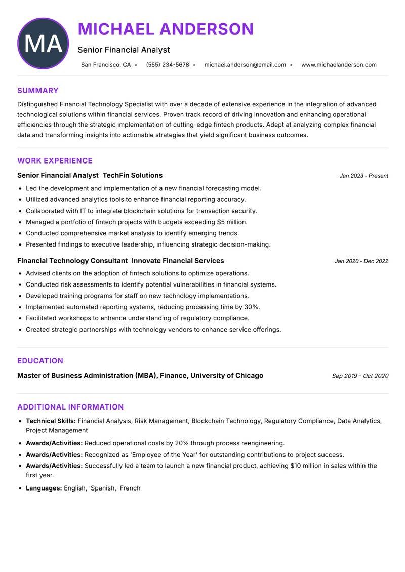 Financial Technology Specialist resume example — ATS-friendly template