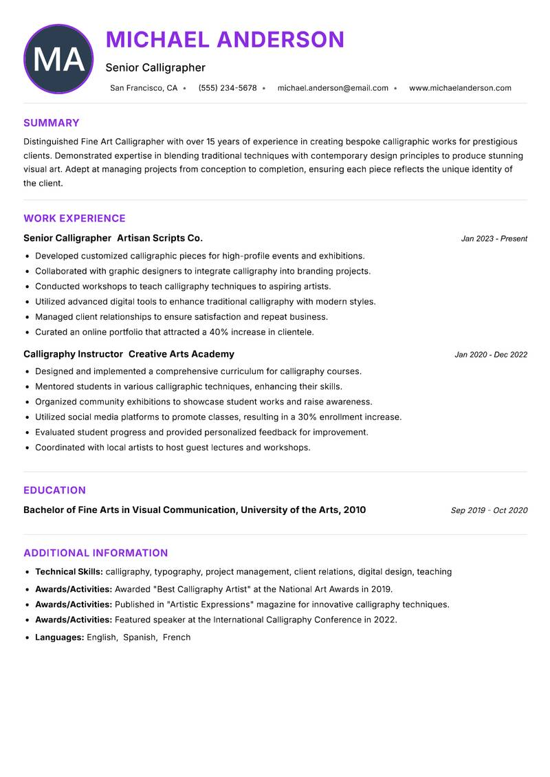 Fine Art Calligrapher resume example — ATS-friendly template