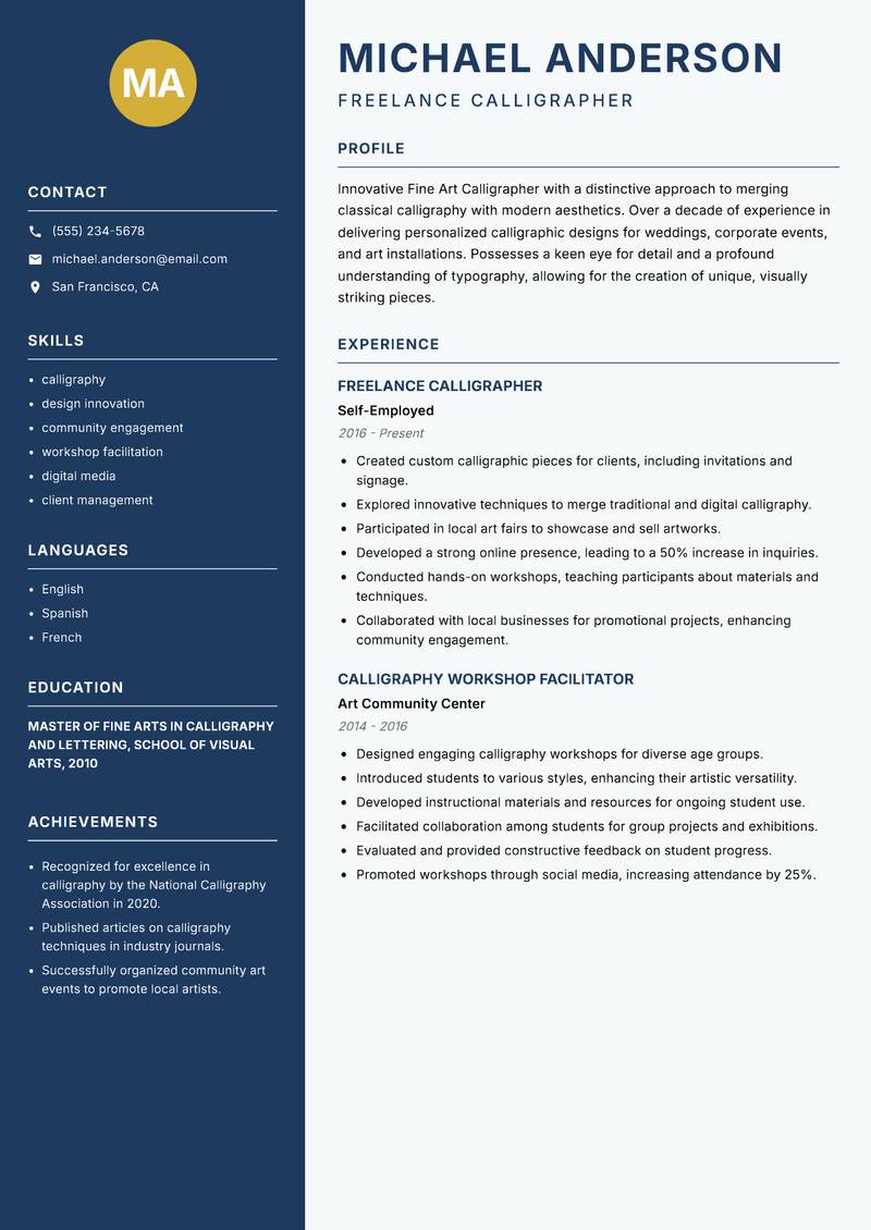 Fine Art Calligrapher resume template — Classic Clean