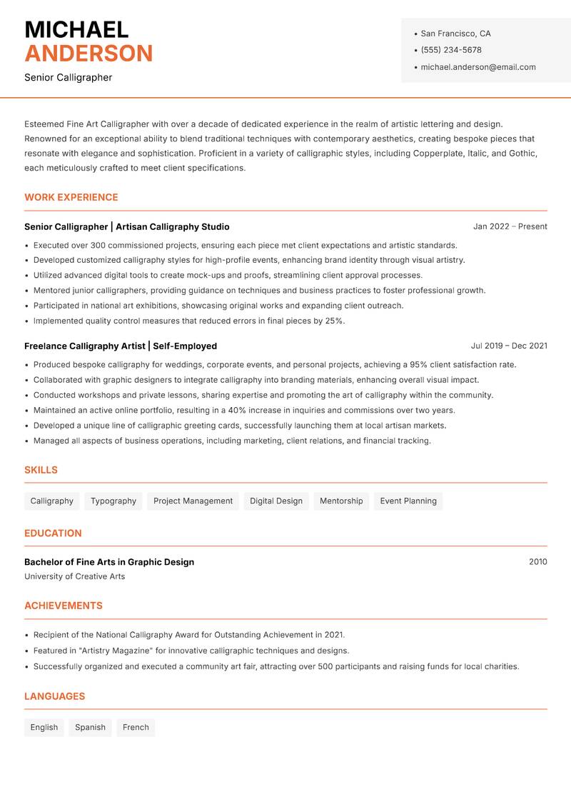 Fine Art Calligrapher resume template — Modern Professional