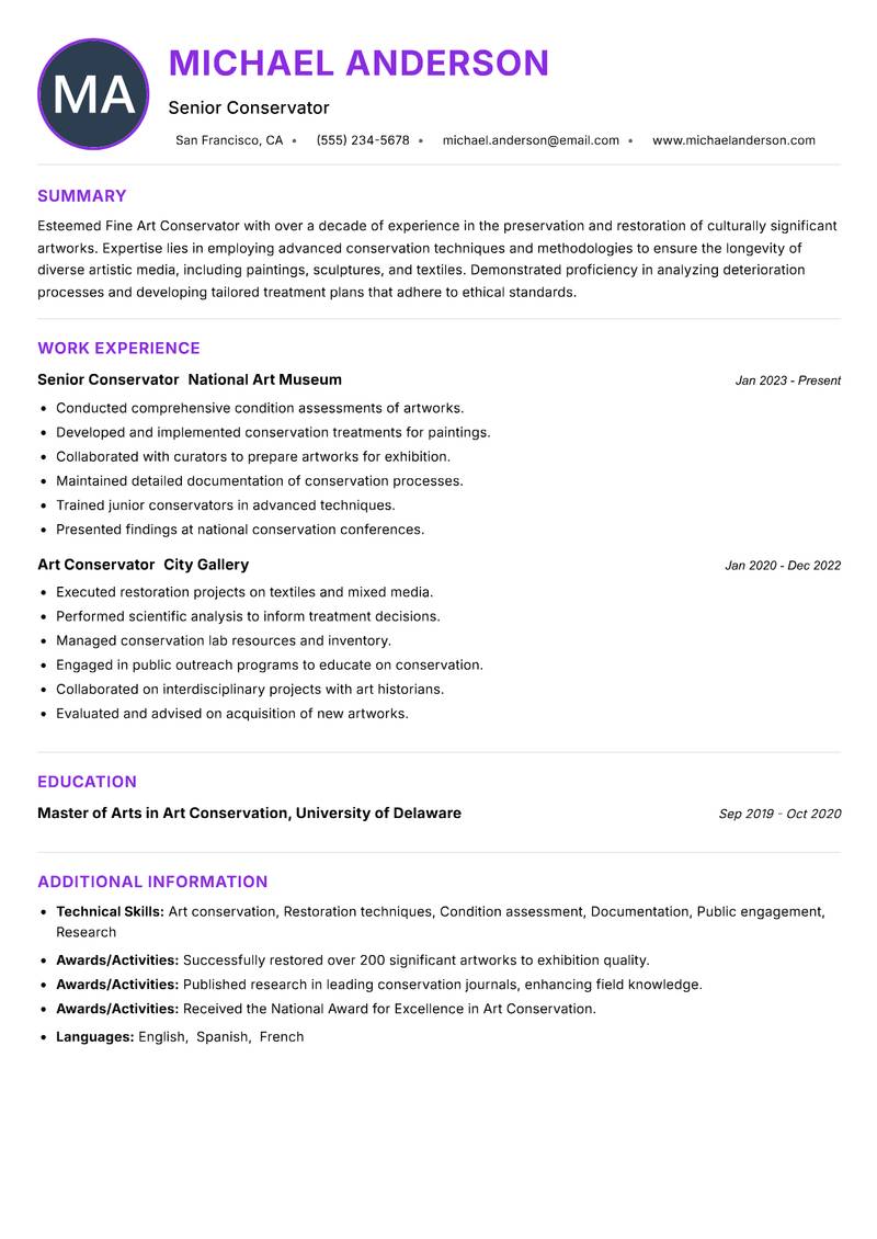 Fine Art Conservator resume example — ATS-friendly template