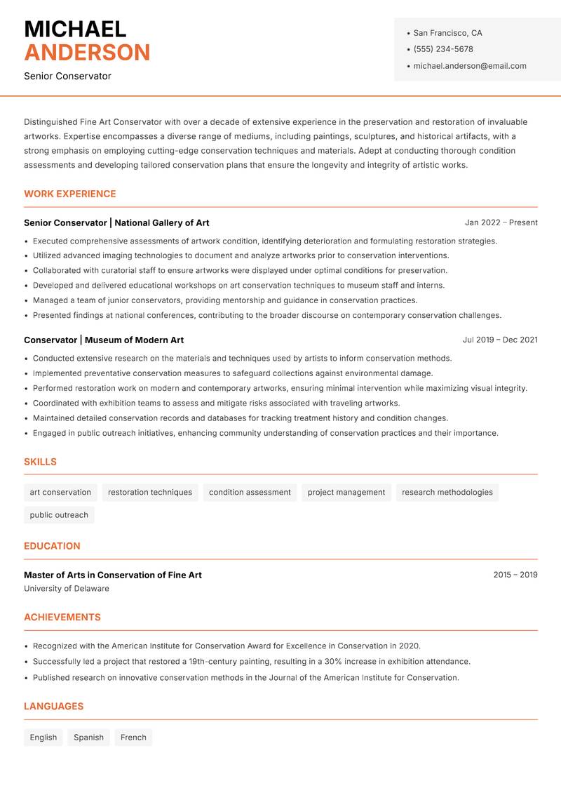 Fine Art Conservator resume template — Modern Professional