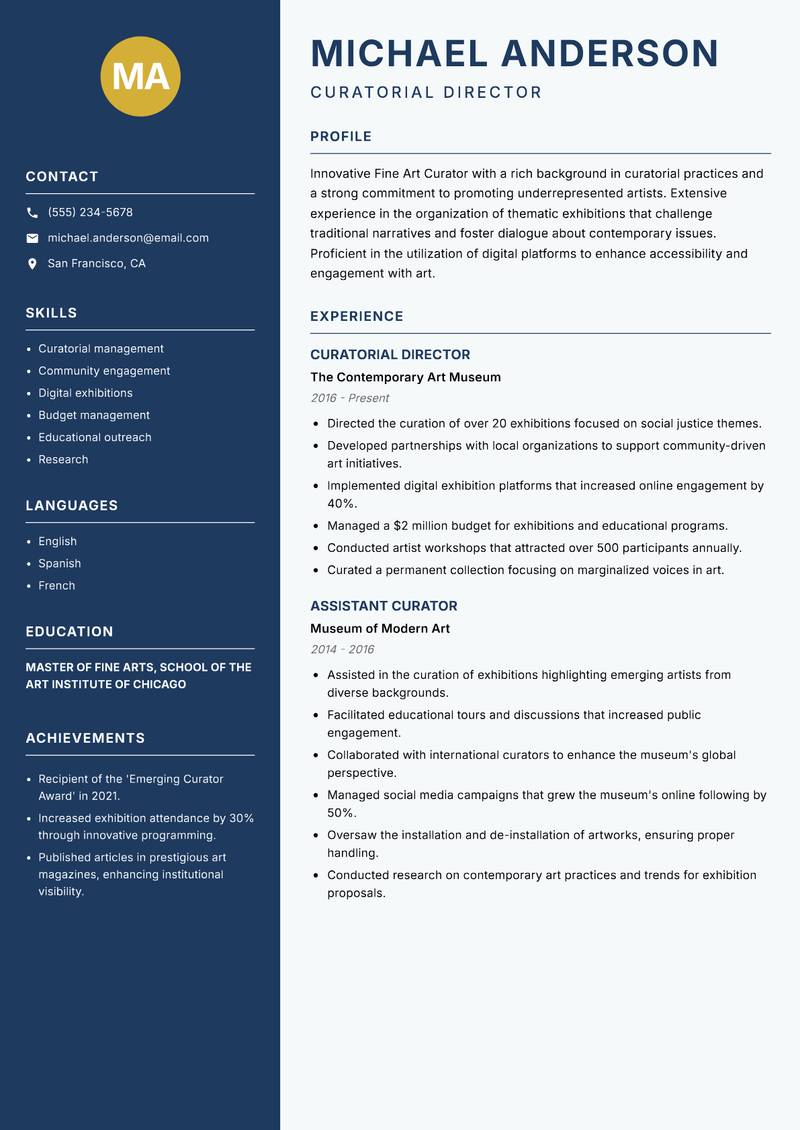 Fine Art Curator resume template — Classic Clean