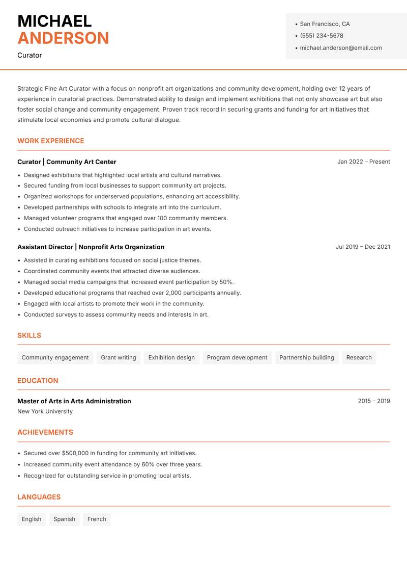 Fine Art Curator resume template — Modern Professional