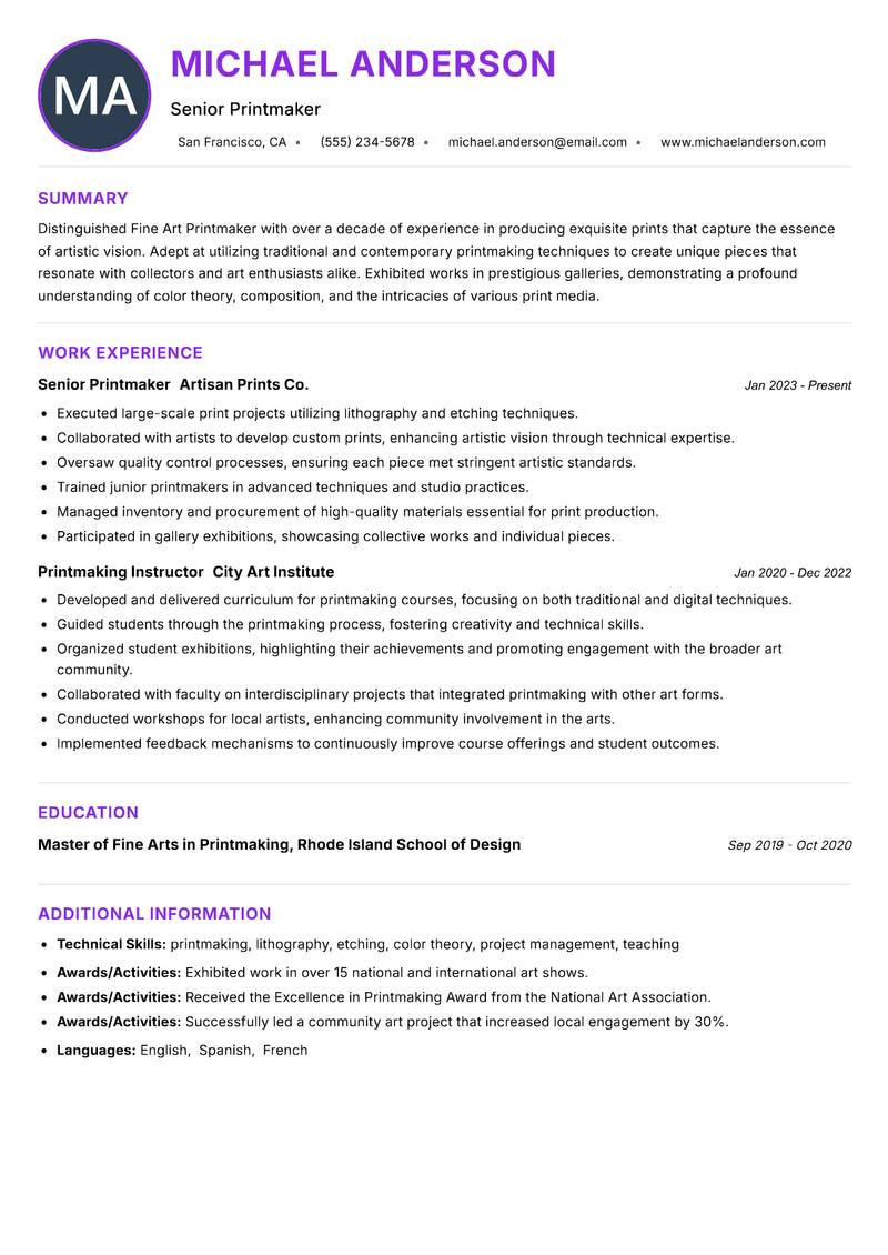 Fine Art Printmaker resume example — ATS-friendly template