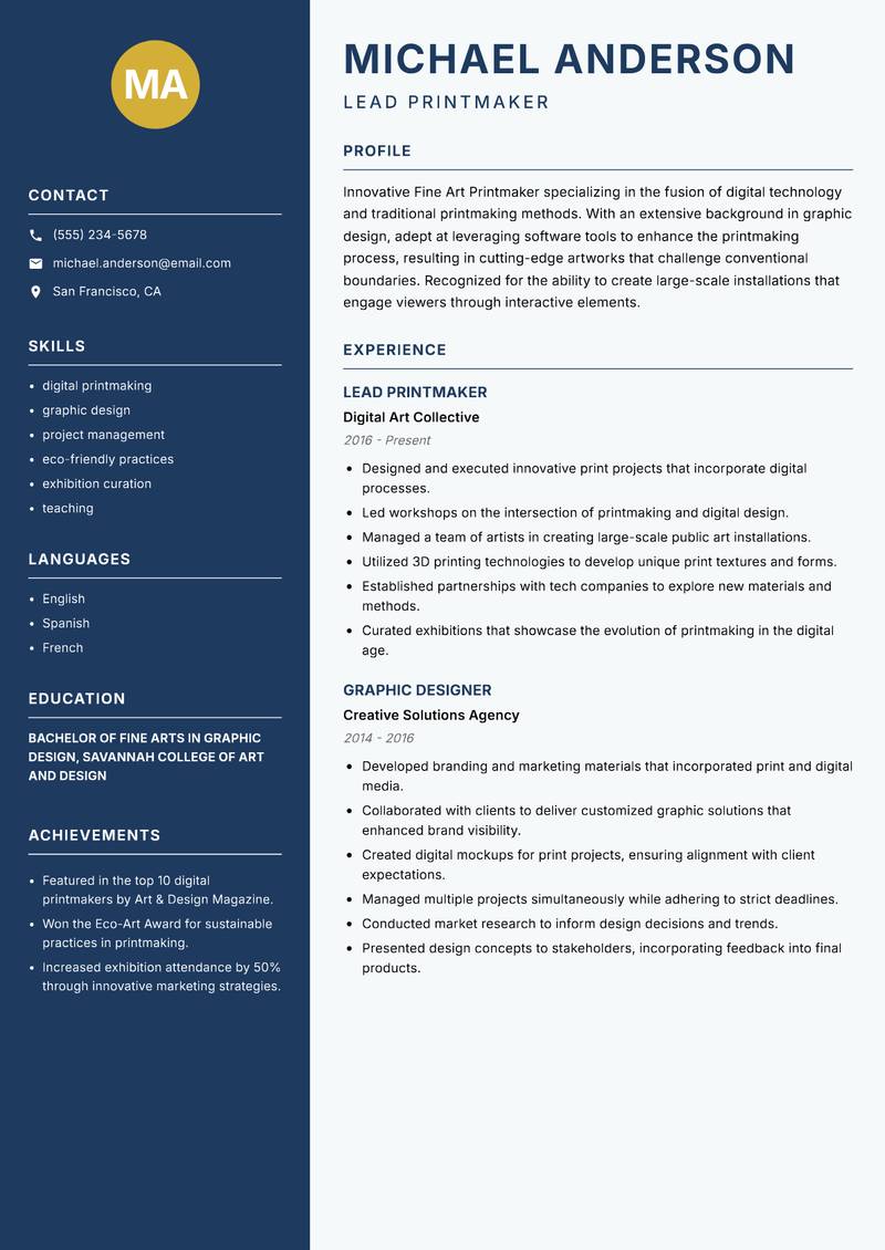 Fine Art Printmaker resume template — Classic Clean