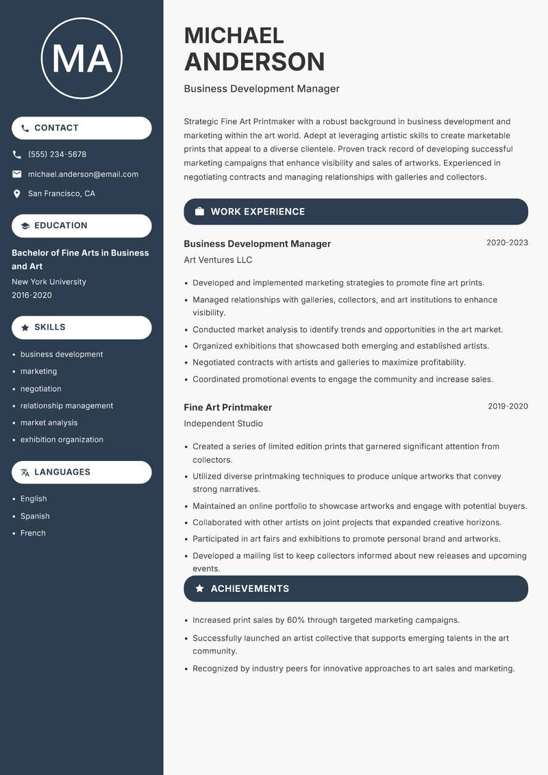 Fine Art Printmaker resume template — Compact